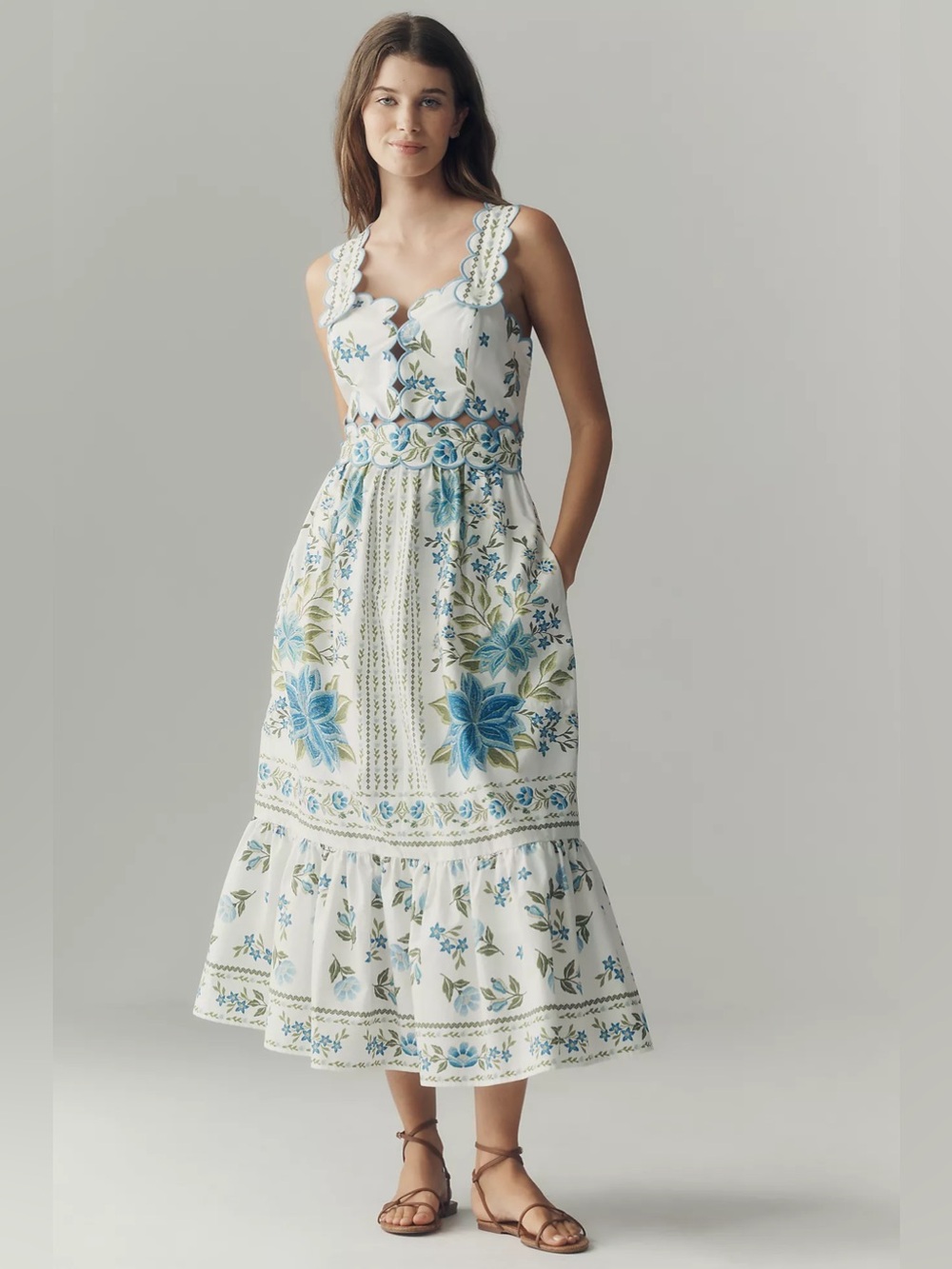 Farm Rio Sleeveless Scallop-Trim Printed Midi Dress - Picture 2 of 8
